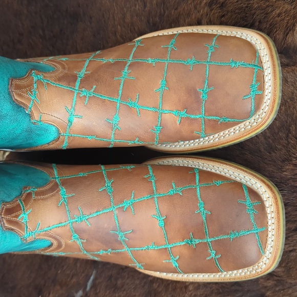 TIN HAUL "Barb'd Wire" turquoise & brown leather square toe cowgirl boot… - Picture 12 of 16